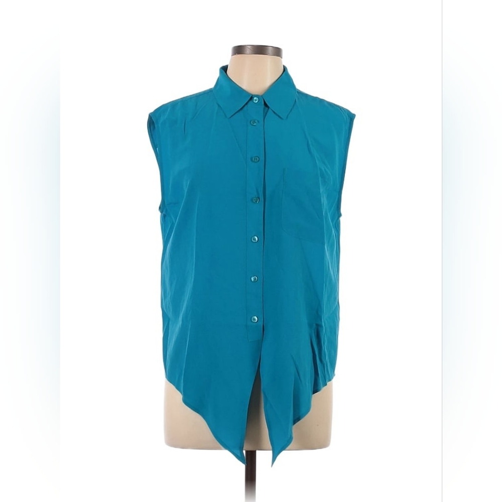 Equipment Blue Sleeveless Asymmetrical Button Down Shirt